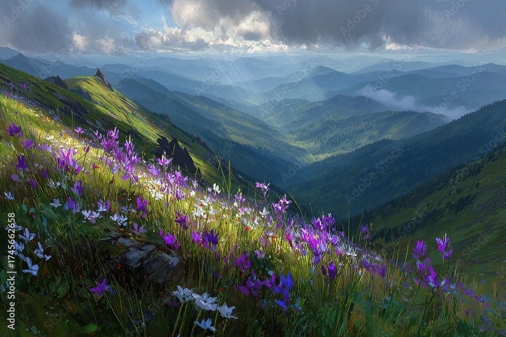 Obraz premium Vibrant wildflowers bloom on a mountain slope under a cloudy sky during the late afternoon