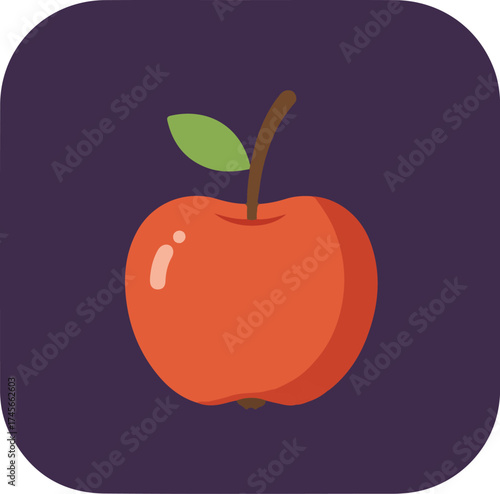 Single ripe red apple with green leaf and brown stem on dark purple background