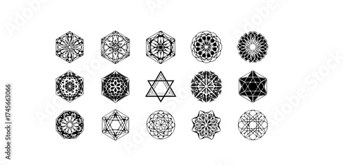 Collection of geometric shapes and patterns featuring intricate designs and symmetrical elements suitable for backgrounds or creative projects on a white surface
