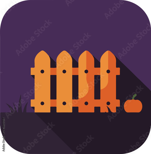 Halloween-themed illustration of an orange wooden picket fence with a pumpkin on a purple background