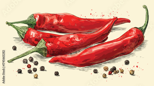 Vibrant Red Chili Peppers with Peppercorns in Spicy Food Illustration