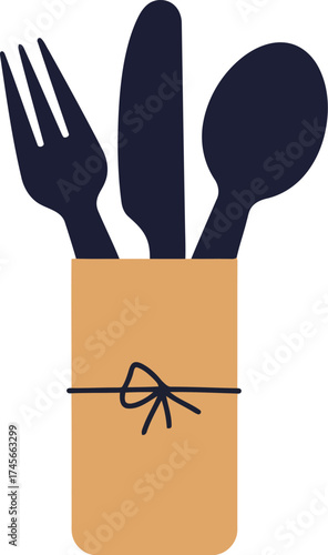 Minimalist flatware set in kraft paper holder elegant dining utensils vector