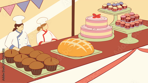 Delicious bakery treats display, artisanal bread and cupcakes for sale, appealing bakery shop goods, sweet pastries, catering concept for events