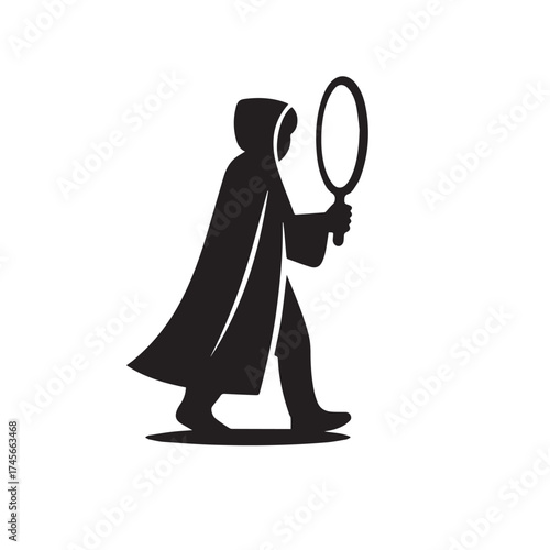 Vector art of silhouette of a person in a hooded cloak holding a hand mirror
