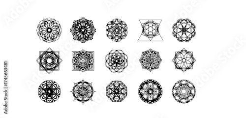 Collection of intricate black and white mandala designs showcasing geometric patterns and symmetrical art suitable for backgrounds or creative projects