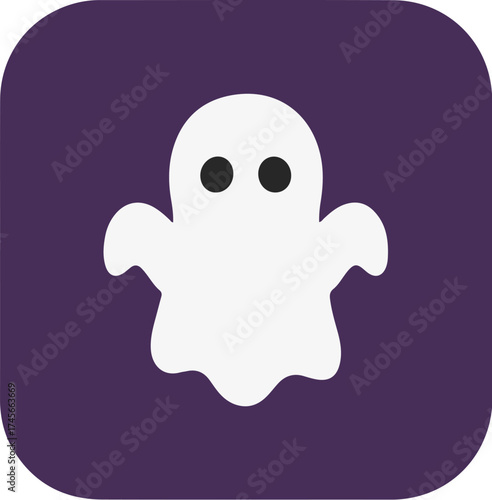 Cartoon ghost with black eyes and outstretched arms on a purple background