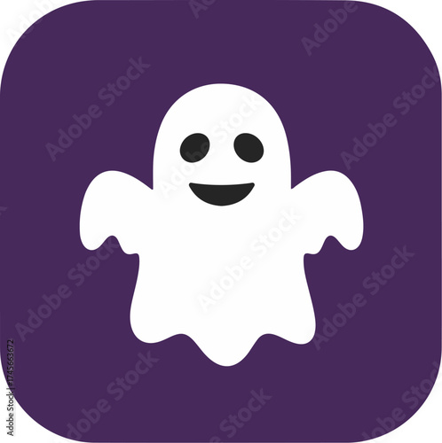 Minimalist digital illustration of a friendly ghost with outstretched arms on a dark purple background