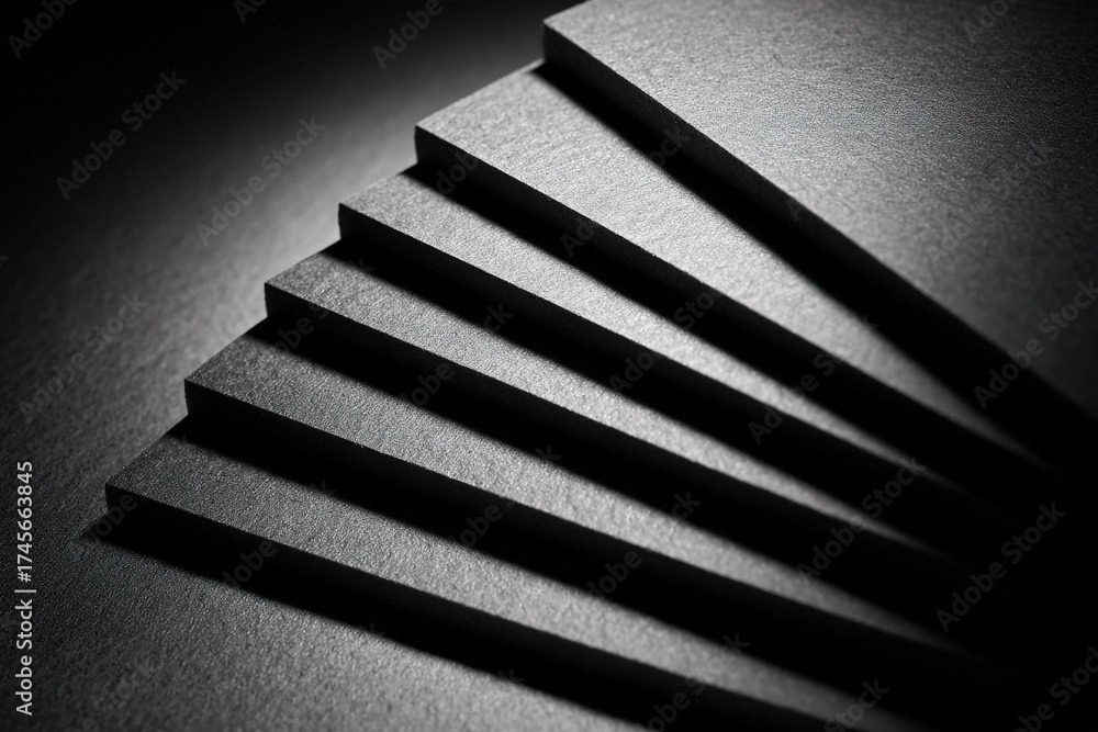 Obraz premium Layers of black paper arranged in a fan shape highlighting texture and shadow in low light conditions