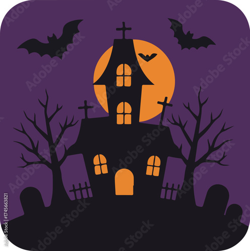 Halloween illustration of a haunted house with a full moon, bats, and tombstones on a purple and orange background
