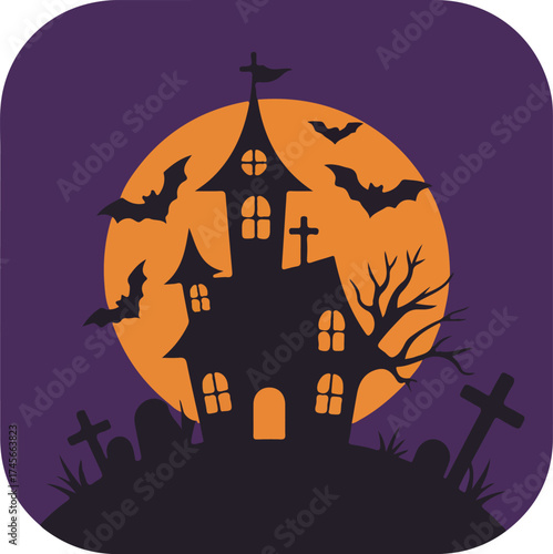 Halloween-themed illustration of a haunted house with a full moon and bats