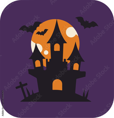 Halloween illustration with haunted house, graveyard, moon, and bats on dark purple background