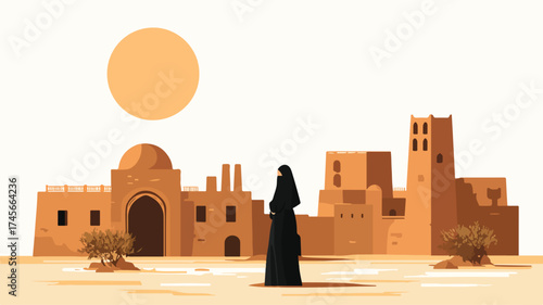 Mysterious Woman in Black Niqab Standing in Desert Town Scenery Vector