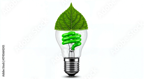 Green Leaf-Topped Light Bulb with Spiral Filament on White Background – Eco-Friendly Energy Concept for Sustainability Themes
