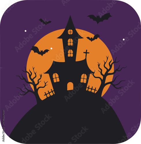 Halloween-themed illustration of a haunted house with a full moon and flying bats