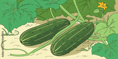 Vector illustration of fresh cucumbers grow among vibrant green leaves on dark grassy back-view.