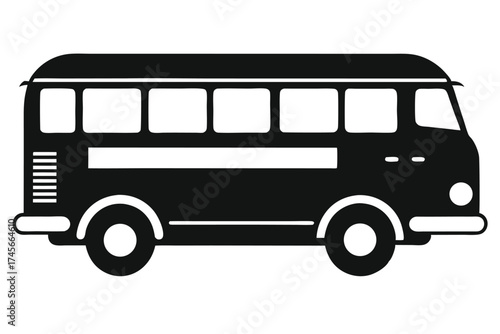 Black and White Illustration of a Vintage Bus with Rectangular Windows and Wheels