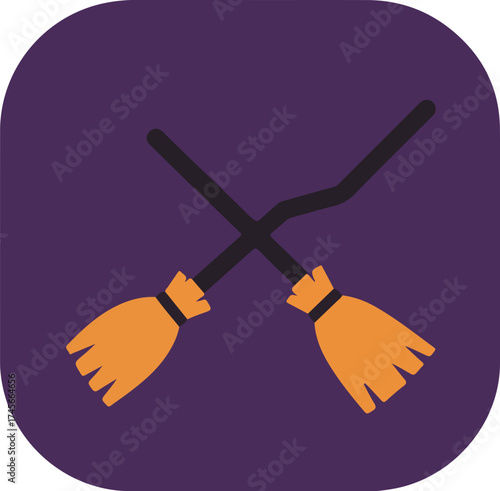 Two stylized brooms crossed in an X formation with bright orange bristles and black handles on a deep purple background