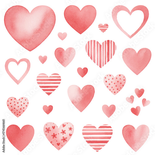 Pink hearts collection, clipart isolated on white. Stripes hearts, heart sumbols with patterns, rosy St. Valentine's Day love vector sybols.