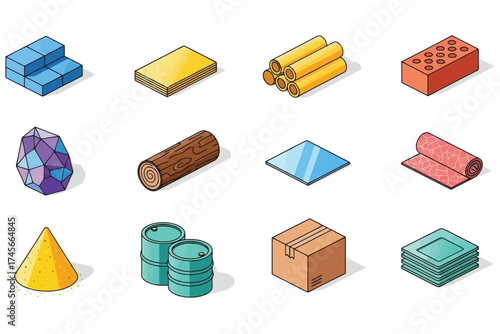 Vector art of isometric materials vector illustration, including wood, brick, glass, gold, and more
