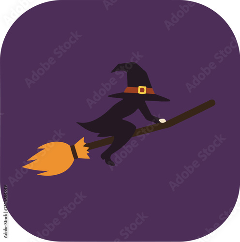 Witch flying on a broomstick against a dark purple background