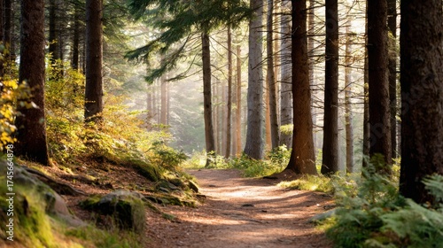 Quiet forest path with golden light filtering through trees, calm and inviting, minimalistic nature scene