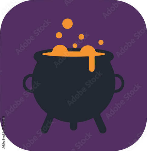 Dark blue cauldron with bright orange liquid on purple background