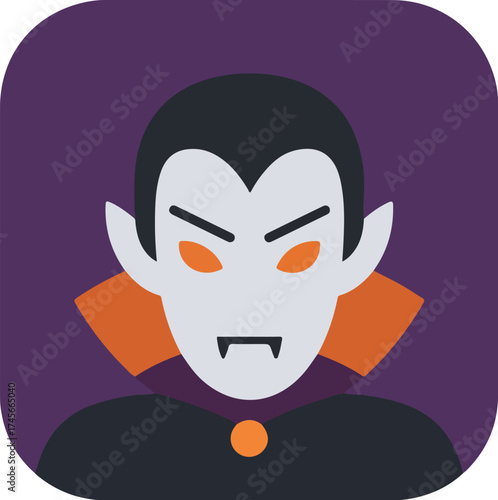 Stylized vampire illustration with pale complexion, orange eyes, and black outfit on dark purple background