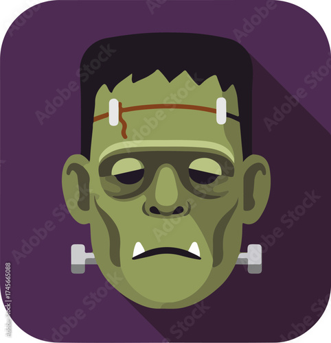 Digital illustration of a green-skinned Frankenstein's monster with a red scar on a dark purple background