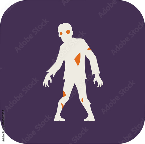 Zombie-like figure with tattered white bandages and orange flesh on a dark purple background