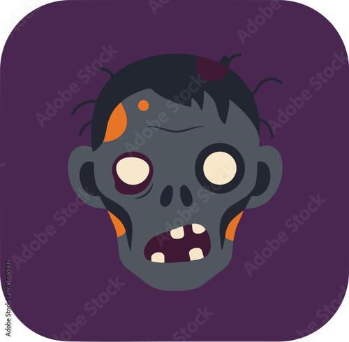 Cartoon-style zombie head with pale gray skin and dark disheveled hair on dark purple background