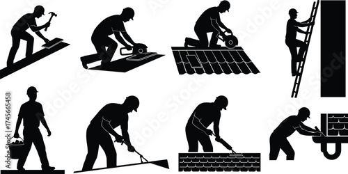 Construction workers silhouette, building labor tasks, hammering, sawing, roofing, ladder climbing, bricklaying, plastering, carrying materials, teamwork, cad drawing flat vector illustration