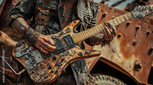 Aggressive heavy metal guitarist shreds on a custom distressed electric guitar in a post apocalyptic wasteland