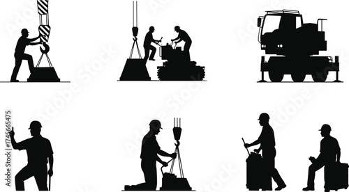 Construction workers silhouette, heavy machinery operation, teamwork, lifting load, crane truck, safety signal, building site, teamwork coordination, cad drawing flat vector illustration
