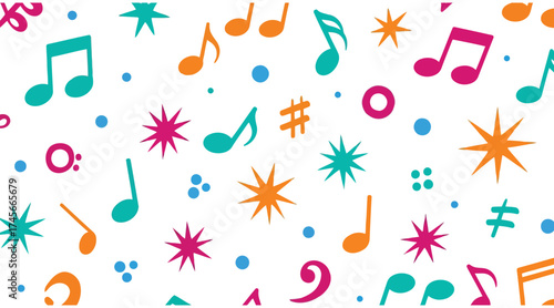 Vector art of colorful musical notes and shapes create a fun and festive pattern