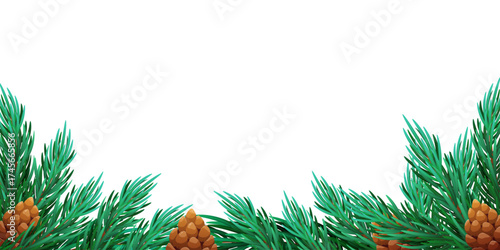 Christmas green tree branches and pine cones border. Frame with pine branches, element for festive design, for New year invitations, greeting cards.