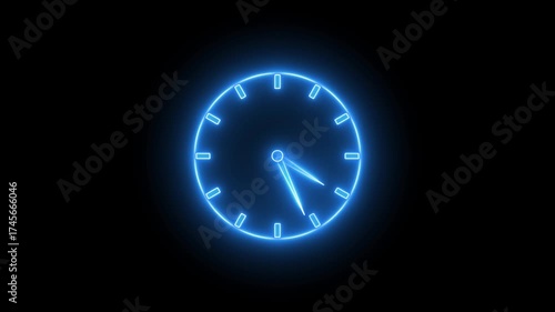Glowing light neon blue color clock icon animation  watch dial circle timer timekeeper analog clock 24 hour day fast speed sign symbol on black background	