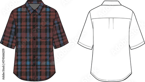 Plaid shirt, short sleeve shirt, button up shirt, casual shirt, men’s fashion, pocket shirt, fashion flat sketch, garment design, apparel template