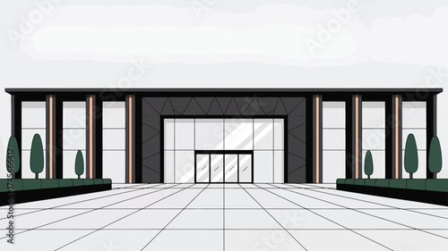 Modern building exterior with glass facade and symmetrical design vector illustration for architectural visualization and urban planning projects