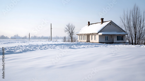 Wallpaper Mural Winter landscape featuring a snow-covered house, with snowy field and distant buildings. Stark tree silhouettes against a pale blue sky. Serene, rural scene. Torontodigital.ca