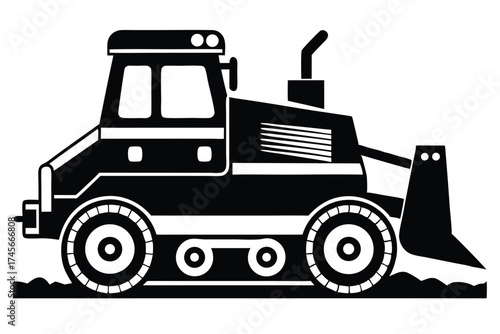 Stylized Black Silhouette Illustration Depicting a Bulldozer with a Front Shovel and Tracks