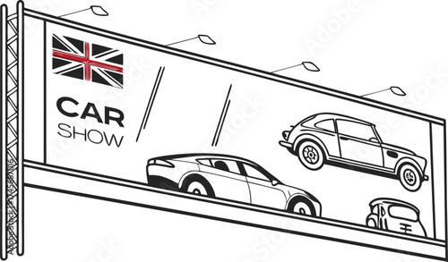 British car show billboard featuring classic and modern automobiles, a stylish automotive event promoting innovation and heritage for transport enthusiasts