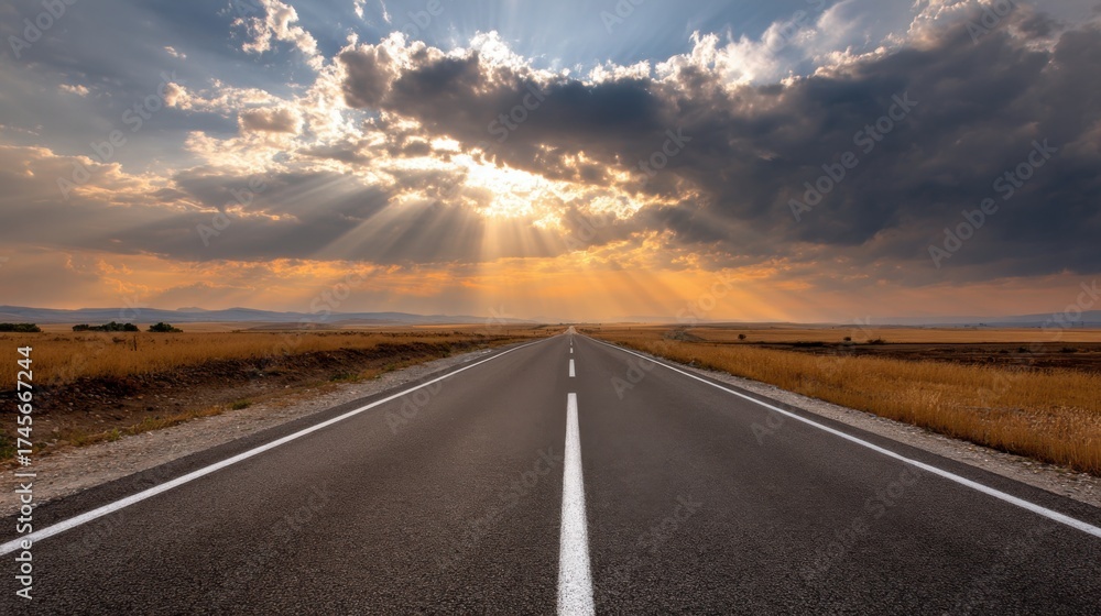 Obraz premium road stretching into the horizon, warm tones, rays of sunlight breaking clouds, sense of hope, minimal style