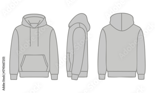  Hoodie Mockup Light Gray Set template – Front, Side & Back Views – Flat Vector Illustration, Hoodies template, easily editable
