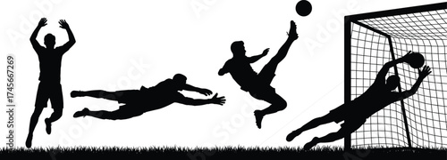 Soccer goal moment, dramatic bicycle kick, goalkeeper dive, black and white silhouette, sports action, football scoring, athletic motion, net celebration