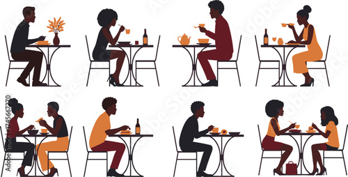 Dining table scene, people eating together, restaurant couple conversation, social gathering, friends dinner, romantic date, lifestyle illustration, cad drawing flat vector illustration