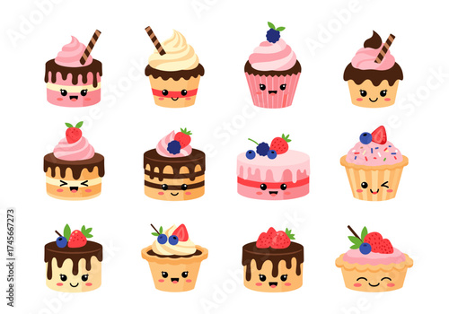 A delightful collection of kawaii cupcakes with adorable faces and colorful toppings.