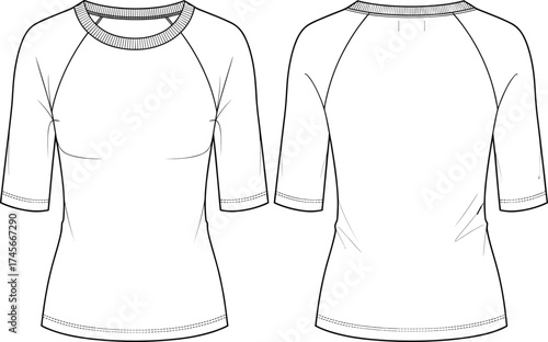 Technical flat sketch of women’s fitted raglan sleeve T‑shirt front and back view, round neckline, tailored waist, garment construction illustration