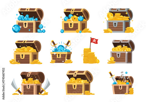 Collection of various treasure chests filled with riches and pirate elements.