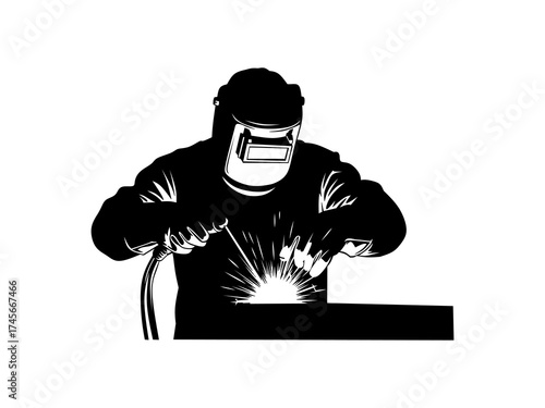silhouette of a worker welding iron in safety clothing