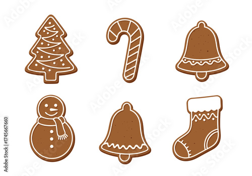 A collection of festive holiday gingerbread cookies shaped like a Christmas tree snowman candy cane bells and stocking.